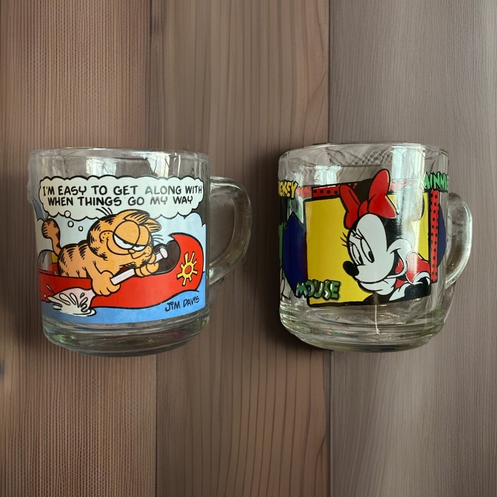 Vintage Clearโ Glass Cup Mug Garfield & Odie 1978 & Disney Mickey & Minnie Set